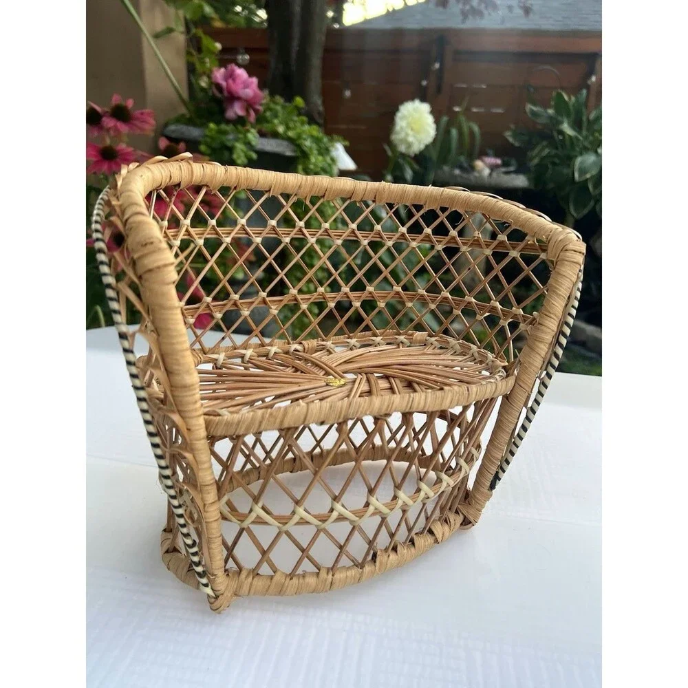 1970’s Vintage Mini Wicker Rattan Doll Chair + Bunny Cottagecore Boho Decor